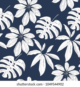 Tropical seamless vector pattern with white leaves.