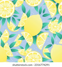 Tropical seamless vector pattern with yellow lemons, summer background