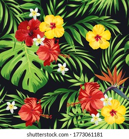 Tropical Seamless Pattern Palm Leaves Flowers Stock Vector (Royalty ...