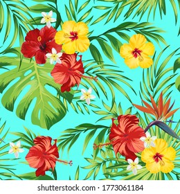 Tropical seamless vector pattern.Summer illustration with parrot and exotic flowers , leaves.