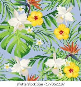 Tropical seamless vector pattern.Summer illustration with parrot and exotic flowers , leaves.