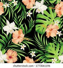 Tropical seamless vector pattern.Summer illustration with parrot and exotic flowers , leaves.