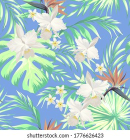 Tropical seamless vector pattern.Summer illustration with parrot and exotic flowers , leaves.