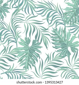 Tropical seamless vector pattrn with exotic palm leaves on the white background.Trendy summer beach print.