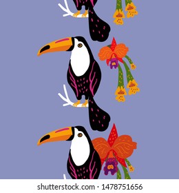 Tropical seamless vertical border with exotic plants, orchid flowers, and toucan bird. Vector illustration.
