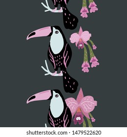 Tropical seamless vertical border with exotic plants, orchid flowers, and toucan bird. Vector illustration.