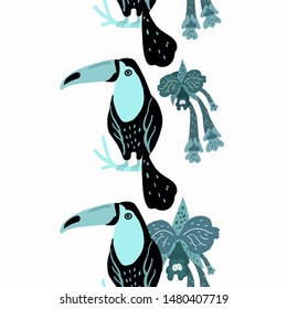 Tropical seamless vertical border with exotic plants, orchid flowers, and toucan bird. Vector illustration.