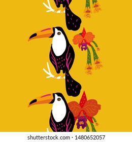 Tropical seamless vertical border with exotic plants, orchid flowers, and toucan bird. Vector illustration.