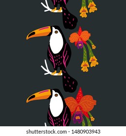 Tropical seamless vertical border with exotic plants, orchid flowers, and toucan bird. Vector illustration.