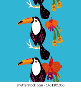 Tropical seamless vertical border with exotic plants, orchid flowers, and toucan bird. Vector illustration.