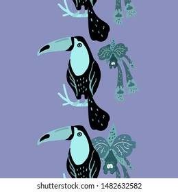 Tropical seamless vertical border with exotic plants, orchid flowers, and toucan bird. Vector illustration.