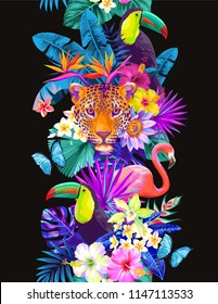 Tropical seamless vertical border with palm leaves, exotic flowers, wild animals and birds on a black background. Vector illustration.