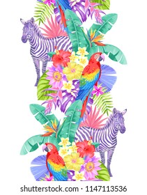 Tropical seamless vertical border with palm leaves, exotic flowers, wild animals and birds. Vector illustration.