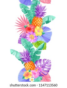 Tropical seamless vertical border with palm leaves and exotic flowers. Vector illustration.