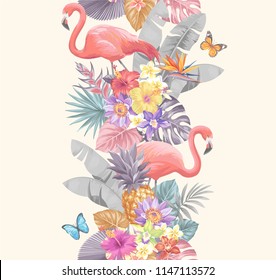 Tropical seamless vertical border with palm leaves, exotic flowers and flamingos on a vintage background. Vector illustration.