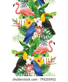 Tropical seamless vertical border with palm leaves, exotic flowers, parrots, toucan and  flamingo on a white background. Vector illustration.