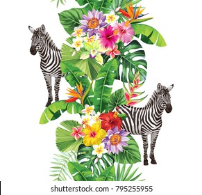 Tropical seamless vertical border with palm leaves, exotic flowers and zebras. Vector illustration.
