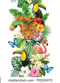 Tropical seamless vertical border with palm leaves, exotic flowers, flamingo, toucans and leopard. Vector illustration.