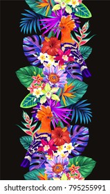 Tropical seamless vertical border with palm leaves, exotic flowers and hoopoe. Vector illustration.