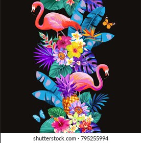 Tropical seamless vertical border with palm leaves, exotic flowers and flamingos. Vector illustration.