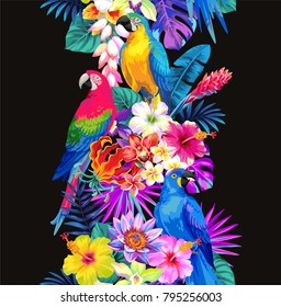 Frontera tropical vertical sin fisuras con hojas de palma, flores exóticas y loros. Ilustración vectorial.