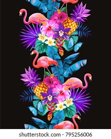 Tropical seamless vertical border with palm leaves, exotic flowers, pineapples and flamingos. Vector illustration.