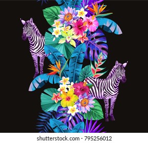 Tropical seamless vertical border with palm leaves, exotic flowers and zebras. Vector illustration.