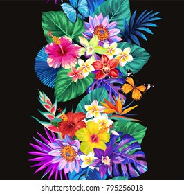 Tropical seamless vertical border with palm leaves, exotic flowers and butterfly. Vector illustration.