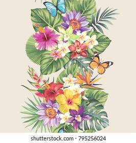 Tropical seamless vertical border with palm leaves, exotic flowers and butterfly. Vector illustration.