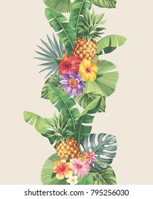 Tropical seamless vertical border with palm leaves, exotic flowers and pineapples. Vector illustration.