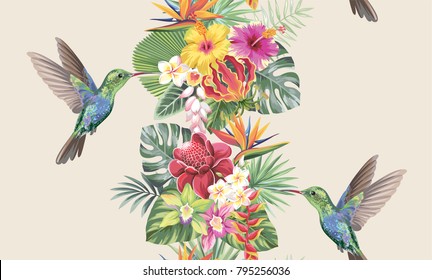 Tropical seamless vertical border with palm leaves, exotic flowers and hummingbirds on a vintage background. Vector illustration.