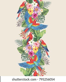 Tropical seamless vertical border with palm leaves, exotic flowers and parrots. Vector illustration.