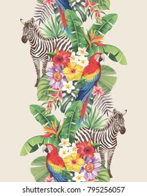 Tropical seamless vertical border with palm leaves, exotic flowers, parrots and zebras. Vector illustration.