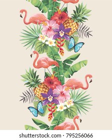 Tropical seamless vertical border with palm leaves, exotic flowers, pineapples and flamingos. Vector illustration.