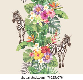 Tropical seamless vertical border with palm leaves, exotic flowers and zebras. Vector illustration.
