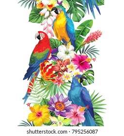 Frontera tropical vertical sin fisuras con hojas de palma, flores exóticas y loros. Ilustración vectorial.