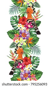 Tropical Seamless Vertical Border With Palm Leaves, Exotic Flowers And Hoopoe. Vector Illustration.