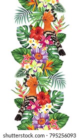 Tropical seamless vertical border with palm leaves, exotic flowers and hoopoe. Vector illustration.