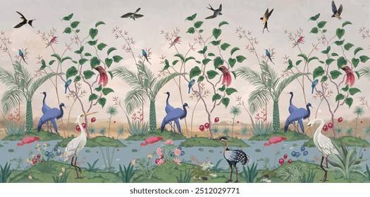 Tropical Seamless Wall Mural, Bird on River, Watercolor Background.