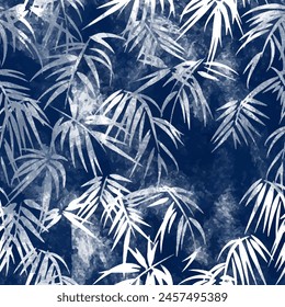 Tropical seamless wallpaper from branch and bamboo leaves. Pattern is made in an elegant, delicate Japanese style in indigo tones. Vector watercolor