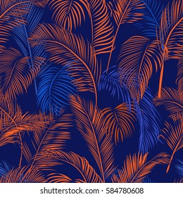 Tropical seamless wallpaper from branch and leaves Palms. Vector illustration.