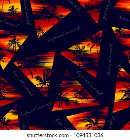 tropical seamless wallpaper of silhouettes of coconut trees against the backdrop of a bright sunset and a handwritten inscription - a tropical sunset. Vector
