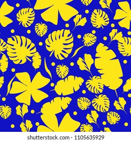 Tropical seamless.Tropical leaves pattern on blue backgroun.
