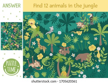 Tropical Searching Game For Children With Cute Funny Characters. Find Hidden Animals And Birds In The Jungle. Simple Summer Game.
