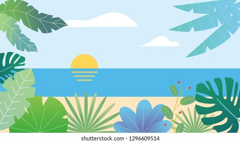 Tropical seascape flat fantasy view background template. Exotic plants and palms. Sun and clouds. Trendy design vector illustration.
