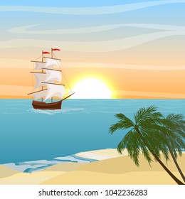 Tropical seascape landscape. Sandy beach with palm trees, sunset. A ship with belly sails on the sea or the ocean. Vector illustration