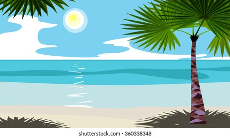 Tropical seascape with palm tree. Cartoon. - Shutterstock ID 360338348