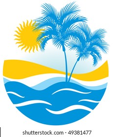 Tropical seascape with palm tree clouds and bright sun