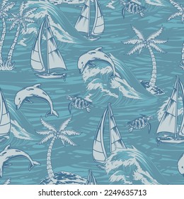 Tropical seascape pattern seamless monochrome palm trees and dolphins jumping out of water near sailing yachts and turtles vector illustration