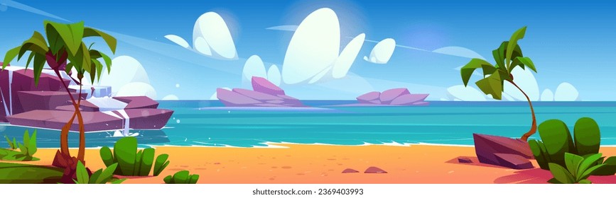 Mar tropical con playa de arena y palmeras. Dibujo vectorial de hermosas vistas al mar, cascada en la isla rocosa, plantas exóticas verdes, olas lavando la costa soleada, resort de verano